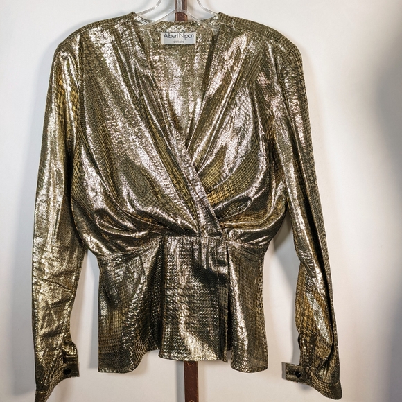 Vintage Albert Nipon disco era gold Lamè blouse 6 Fits XS Waist - Picture 1 of 8